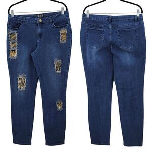A.Z.I Womens Distressed Skinny Jeans Sz 10 Stretch Blue Denim Gold Patchwork‎
